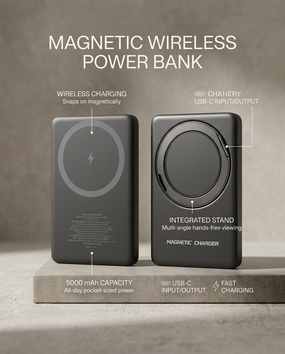 5000mAh Magnetic Wireless Power Bank – Ultra-Thin Fast Charging Portable Battery with Adjustable Stand